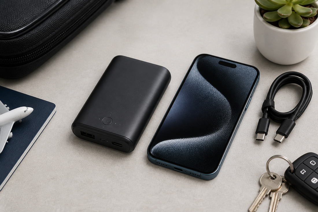 Compact 10000mAh power bank next to a smartphone and USB-C cable on a flat surface
