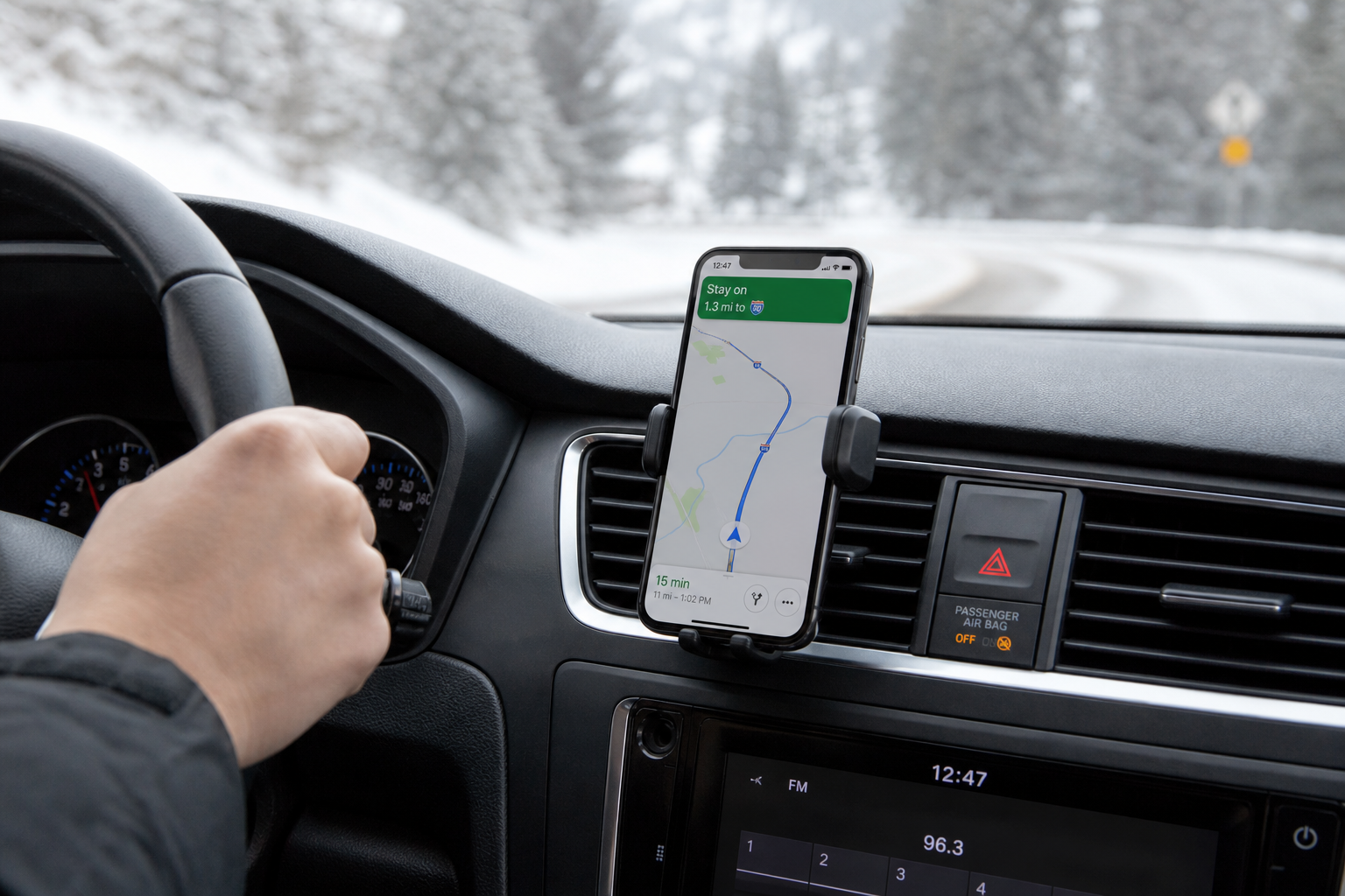 Smartphone mounted on a car air vent inside a vehicle during winter driving