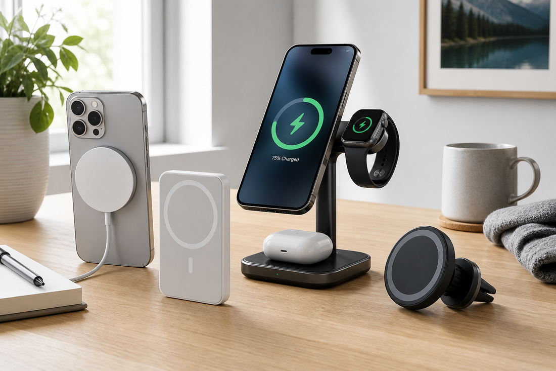 MagSafe iPhone accessories including a magnetic charger, power bank, 3-in-1 charging stand, and car mount on a desk.
