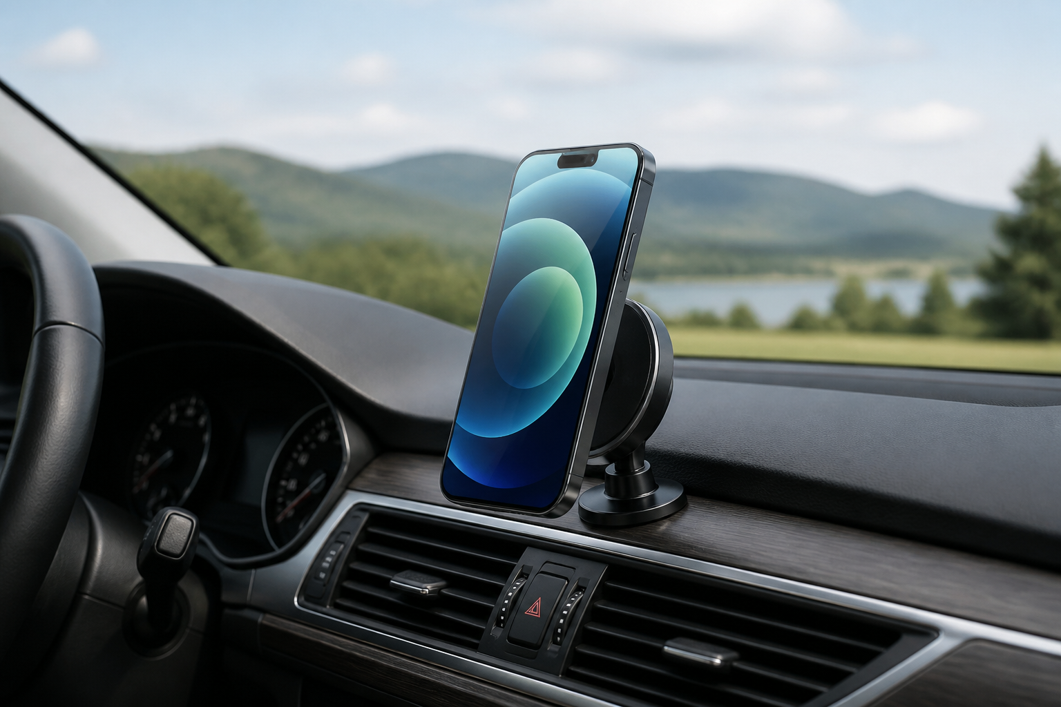 iPhone attached to a magnetic car mount on a car dashboard