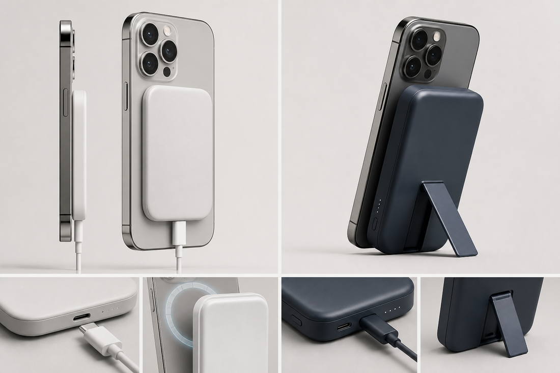 Two magnetic power banks attached to iPhones, one slim and one thicker with a kickstand, on a neutral background.
