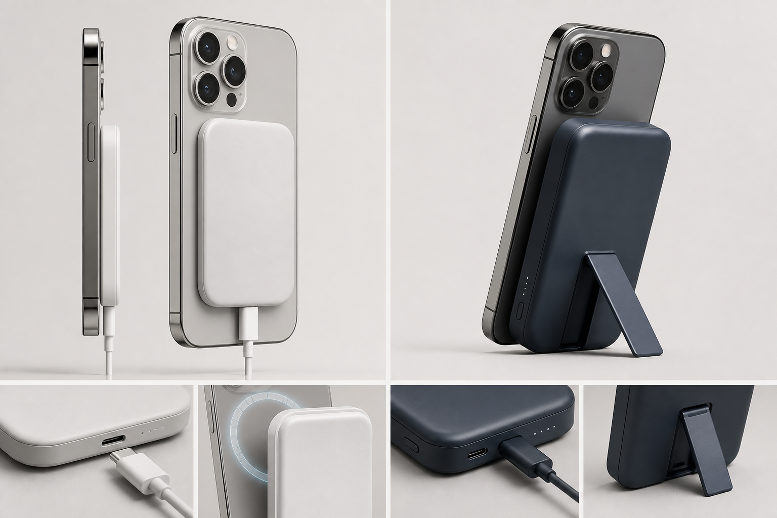 Two magnetic power banks attached to iPhones, one slim and one thicker with a kickstand, on a neutral background.