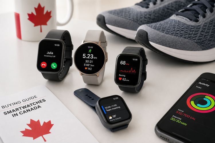 Several modern smartwatches on a table beside running shoes and a smartphone.