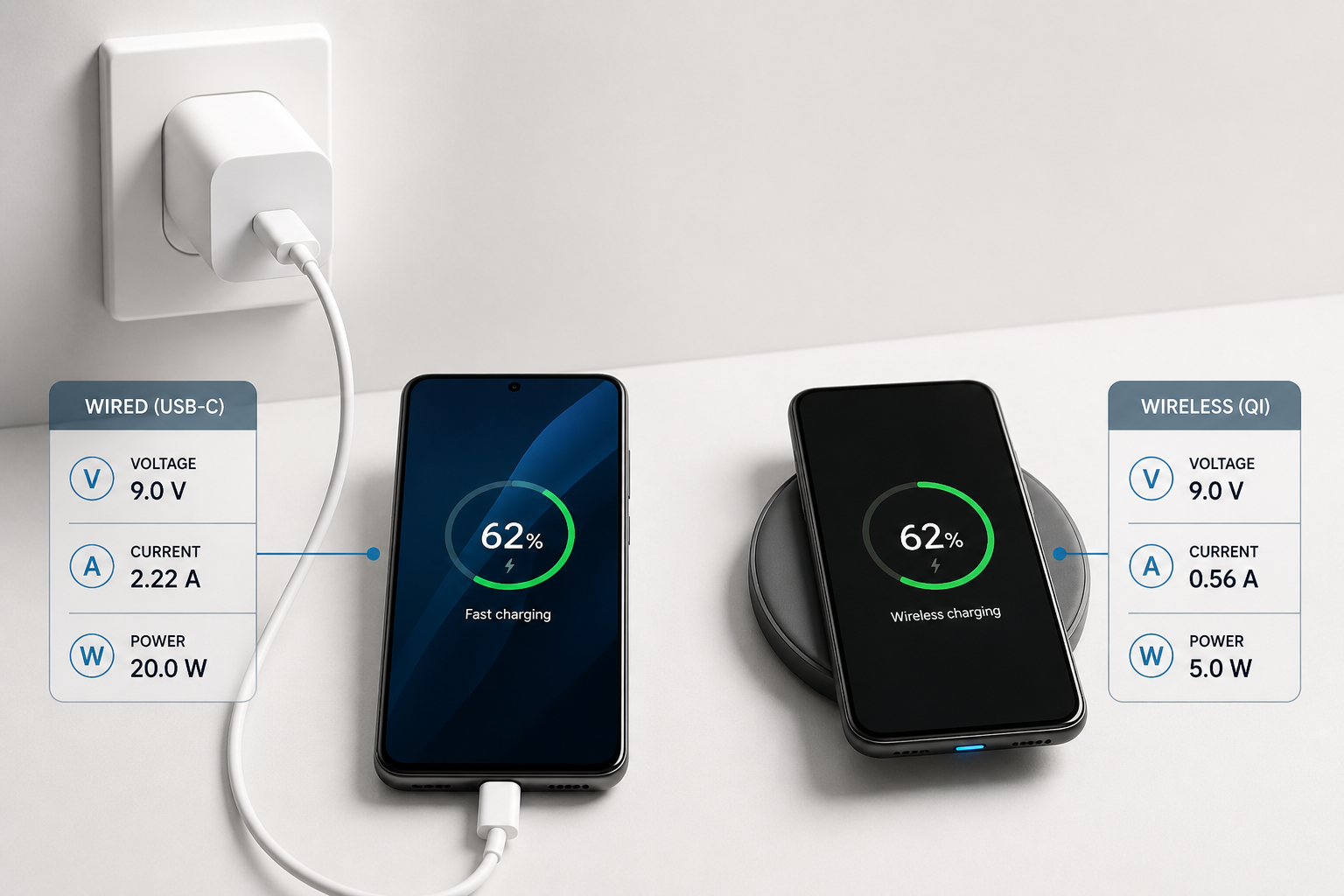Smartphone charging with a USB-C fast charger next to a phone on a wireless charging pad