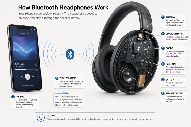 Diagram-style illustration of a smartphone sending Bluetooth audio wirelessly to over-ear headphones, with labels for codec, antenna, battery, and drivers