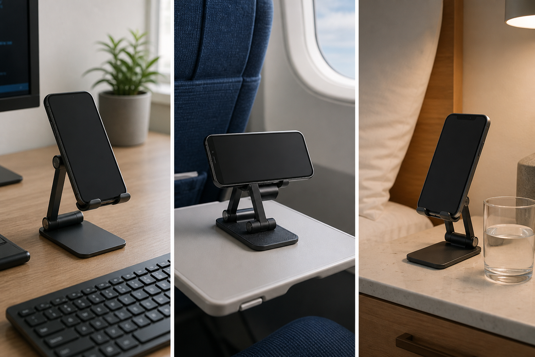 Three phone stands shown in work, travel, and home settings.