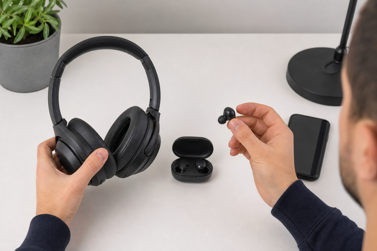 Person comparing over-ear wireless headphones and true wireless earbuds on a clean table with a phone and charging case