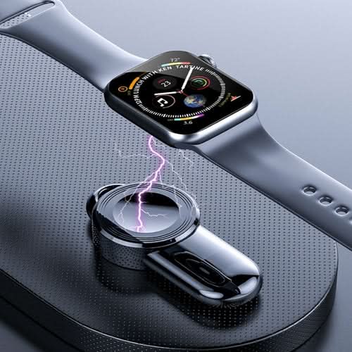 Apple iWatch USB Charger with silver band and charging case on textured surface