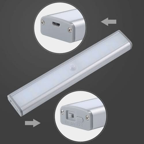 Rechargeable motion sensor LED light bar with USB charging port and mounting hardware shown