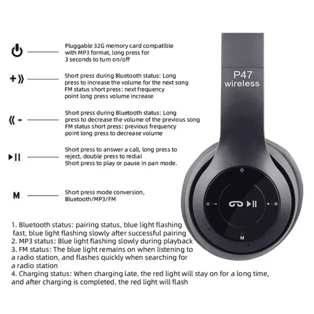 Wireless Bluetooth 5.0 Headphones Headset Over-Ear FM Radio MIC Foldable TF Card.