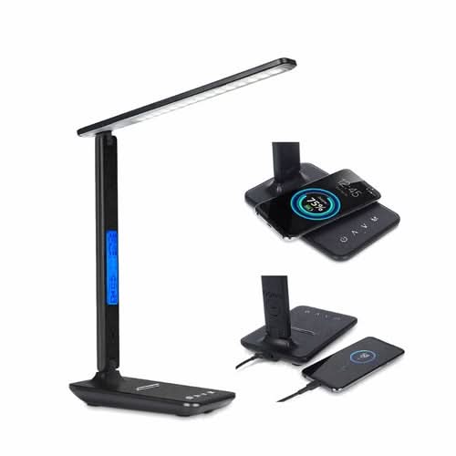 Lamp Plus 3 in 1 with phone charger, clock and thermostat displayed with charging dock and controls