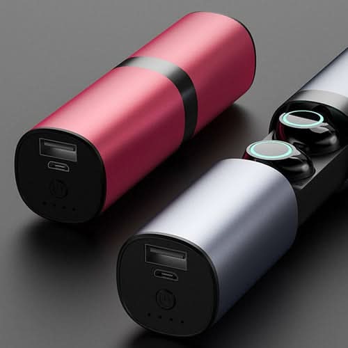 True Twin 2 In 1 wireless headphones with phone charger, pink and silver cylindrical cases with black controls