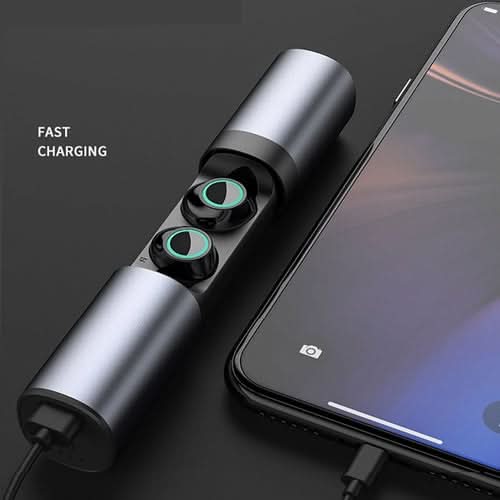 True Twin 2 In 1 wireless headphones with phone charger and charging case, displayed beside smartphone