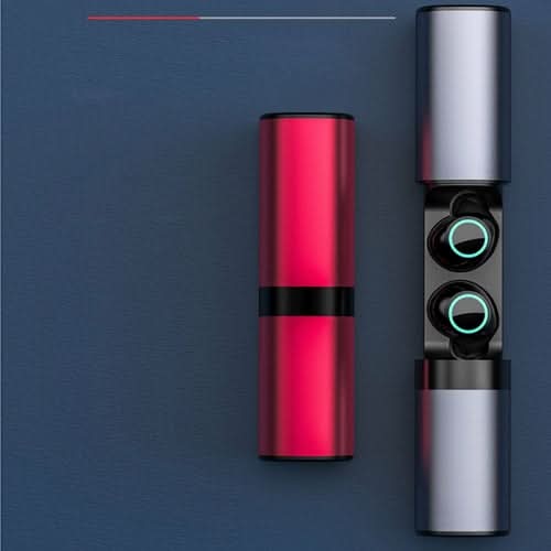 True Twin 2 In 1 wireless headphones with phone charger, shown in red and silver cylindrical cases