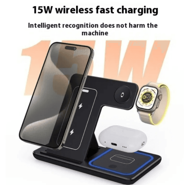 15W 3 In 1 LED Foldable Fast Wireless Charger Stand.