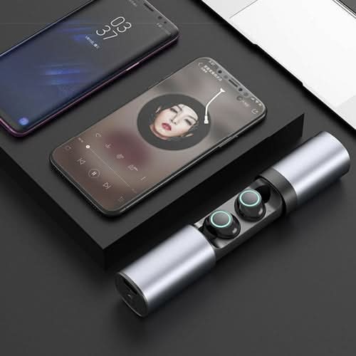 Two phones and silver wireless earbuds with charging case on black surface