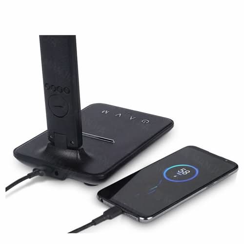 Lamp Plus 3-in-1 with phone charger, clock and thermostat controls, charging phone via cable
