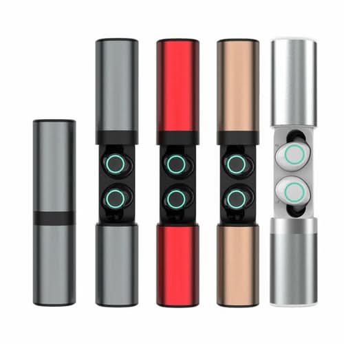 Five cylindrical wireless earbuds and charging cases in gray, red, tan, and silver finishes with illuminated control buttons