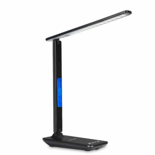 Black desk lamp with extended arm, blue display panel, and integrated base with phone charging capability