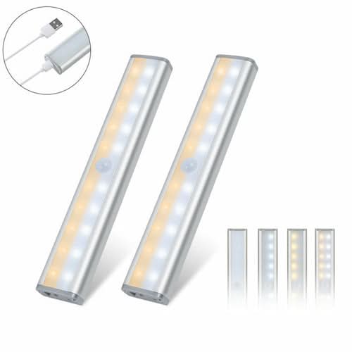 Two rechargeable motion sensor LED light bars with warm and cool light settings, USB charging cable shown in detail