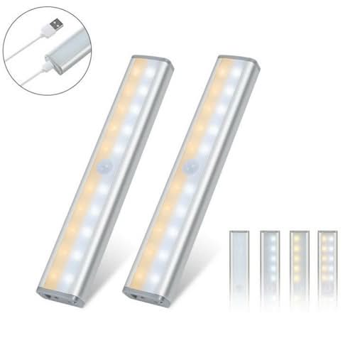 Two rechargeable motion sensor LED light bars in silver with warm and white light settings displayed