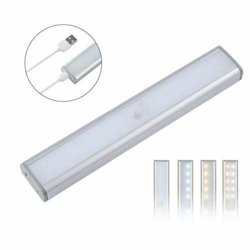 Rechargeable motion sensor LED light bar with attachment clip and four brightness settings