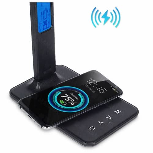 Lamp Plus 3 in 1 with phone charger, clock, and thermostat displayed on charging pad with wireless icon