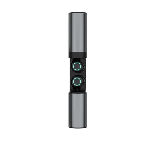 True Twin 2 In 1 Wireless Headphones With Phone Charger, cylindrical black and gray device with blue indicator lights