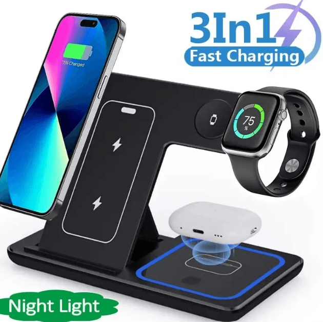 15W 3 In 1 LED Foldable Fast Wireless Charger Stand.