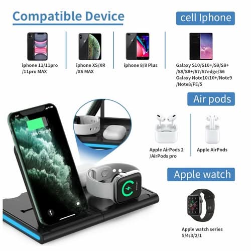 Charging station with compatible devices: iPhones, Galaxy phones, AirPods, and Apple Watch displayed