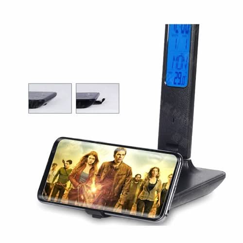 Lamp Plus 3-in-1 device with phone stand, blue display clock and thermostat, black base