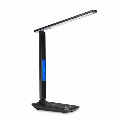 Black desk lamp with adjustable LED head, blue accent stripe on stem, and control buttons on base