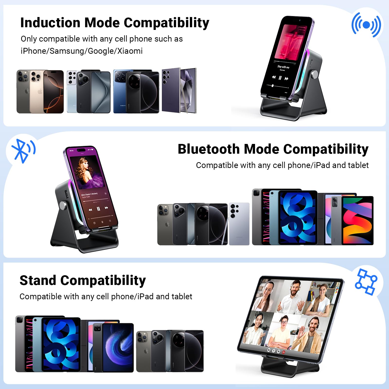 AIKELA 5-in-1 Induction Speaker | Wireless Bluetooth, Phone Stand & Color Light