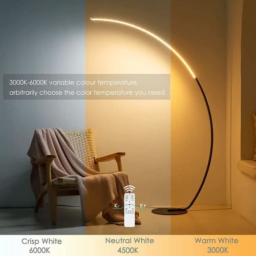 RGBW Modern Curve Floor Lamp with variable color temperature display from cool to warm white