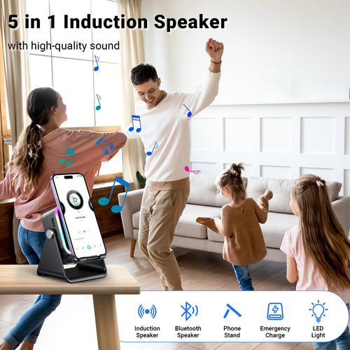 AIKELA 5-in-1 Induction Speaker | Wireless Bluetooth, Phone Stand & Color Light