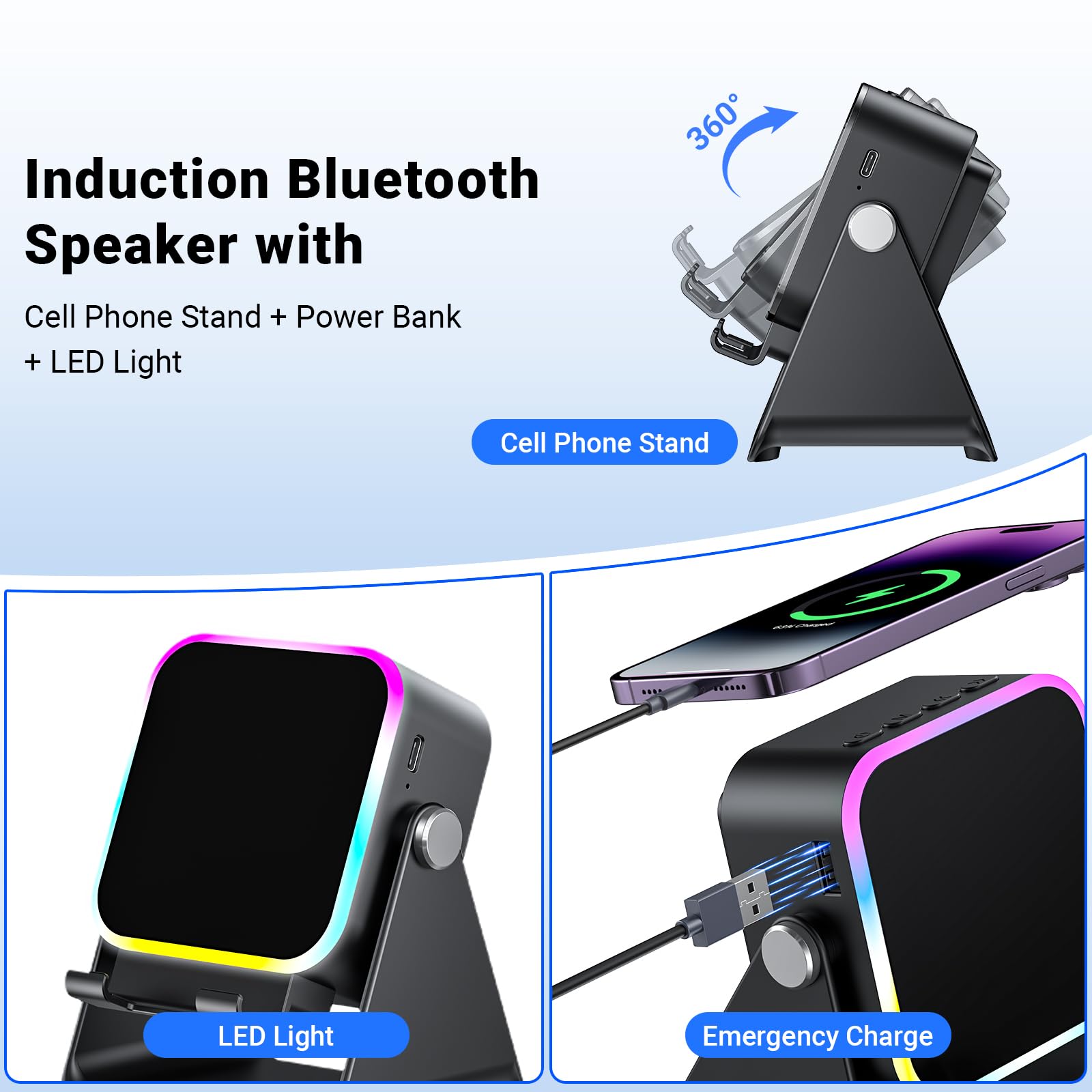 AIKELA 5-in-1 Induction Speaker | Wireless Bluetooth, Phone Stand & Color Light