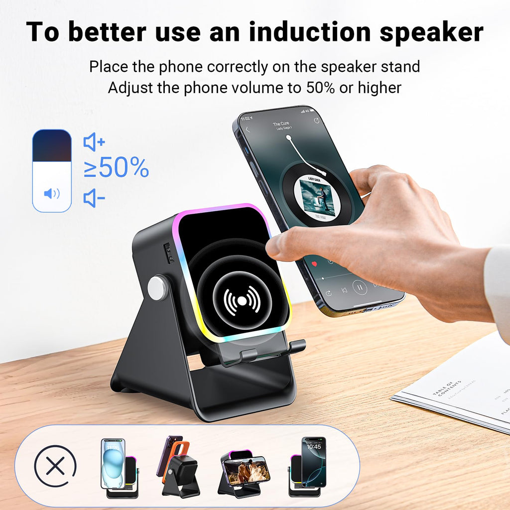 AIKELA 5-in-1 Induction Speaker | Wireless Bluetooth, Phone Stand & Color Light