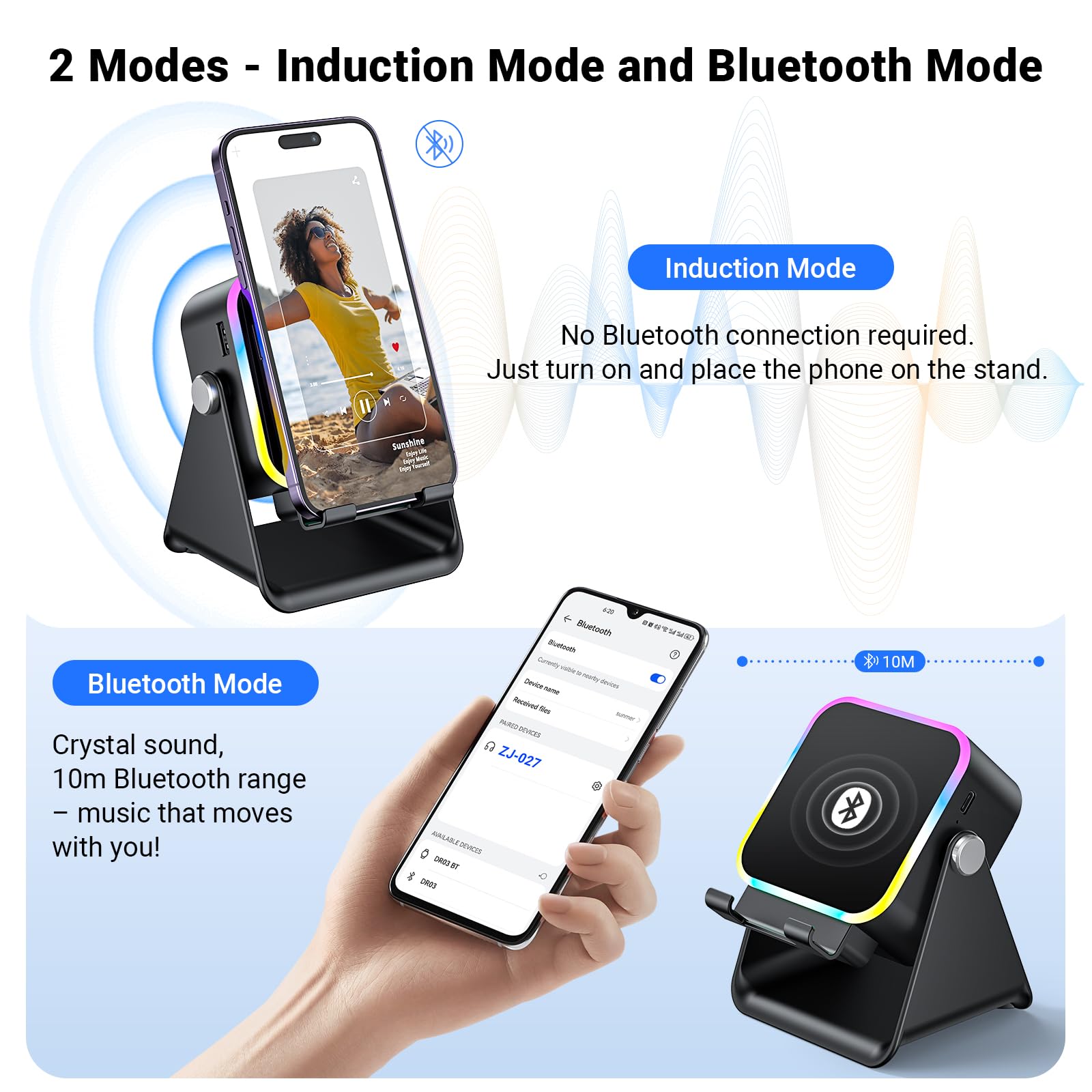 AIKELA 5-in-1 Induction Speaker | Wireless Bluetooth, Phone Stand & Color Light