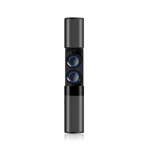 True Twin 2 In 1 Wireless Headphones With Phone Charger, cylindrical black tower speaker with dual blue-ringed drivers