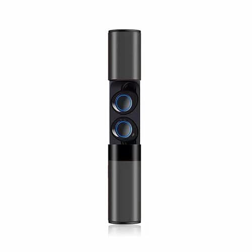 True Twin 2 In 1 Wireless Headphones With Phone Charger, cylindrical black tower design with dual blue speaker accents