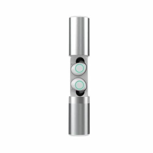 True Twin 2 In 1 Wireless Headphones With Phone Charger, silver cylindrical case with two buttons