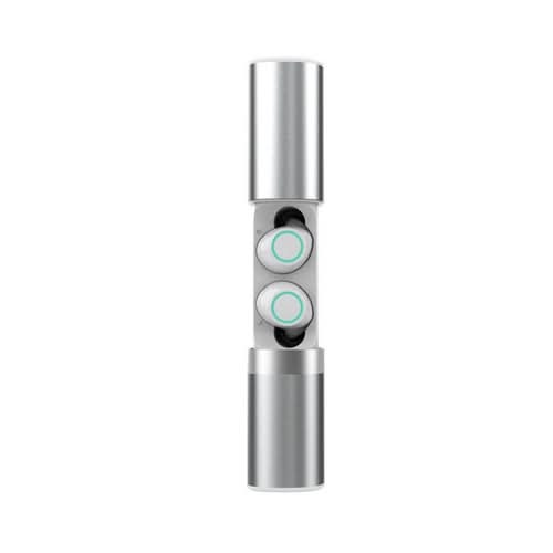 True Twin 2 In 1 Wireless Headphones With Phone Charger, silver cylindrical case with two touch buttons