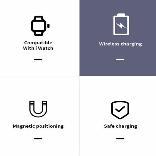 Apple iWatch USB Charger with wireless charging icon, magnetic positioning, and safe charging features