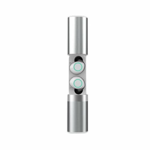 True Twin 2 In 1 Wireless Headphones With Phone Charger, silver cylindrical case with two earbuds and touch controls