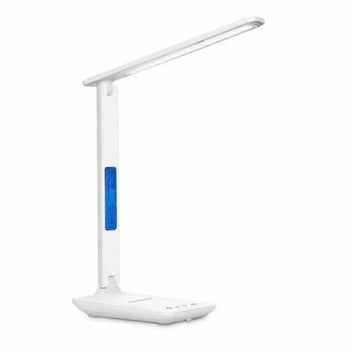 White desk lamp with blue touch panel and integrated phone charger base