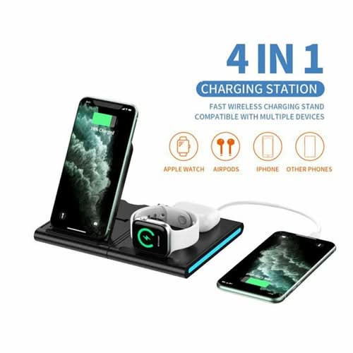4-in-1 wireless charging station with smartphone, smartwatch, and earbuds charging simultaneously