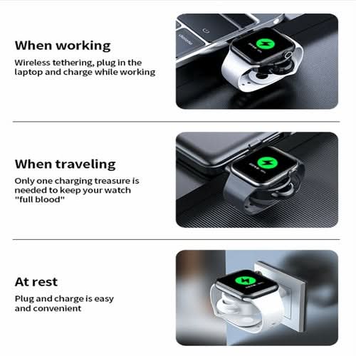 Apple iWatch USB Charger displayed in three use scenarios: at desk, while traveling, and plugged into wall outlet