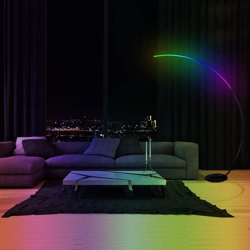RGBW Modern Curve Floor Lamp with multicolor gradient lighting in living room setting