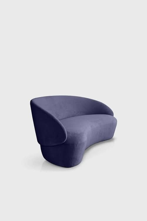 Naïve Sofa in blue-grey upholstery with curved sculptural form