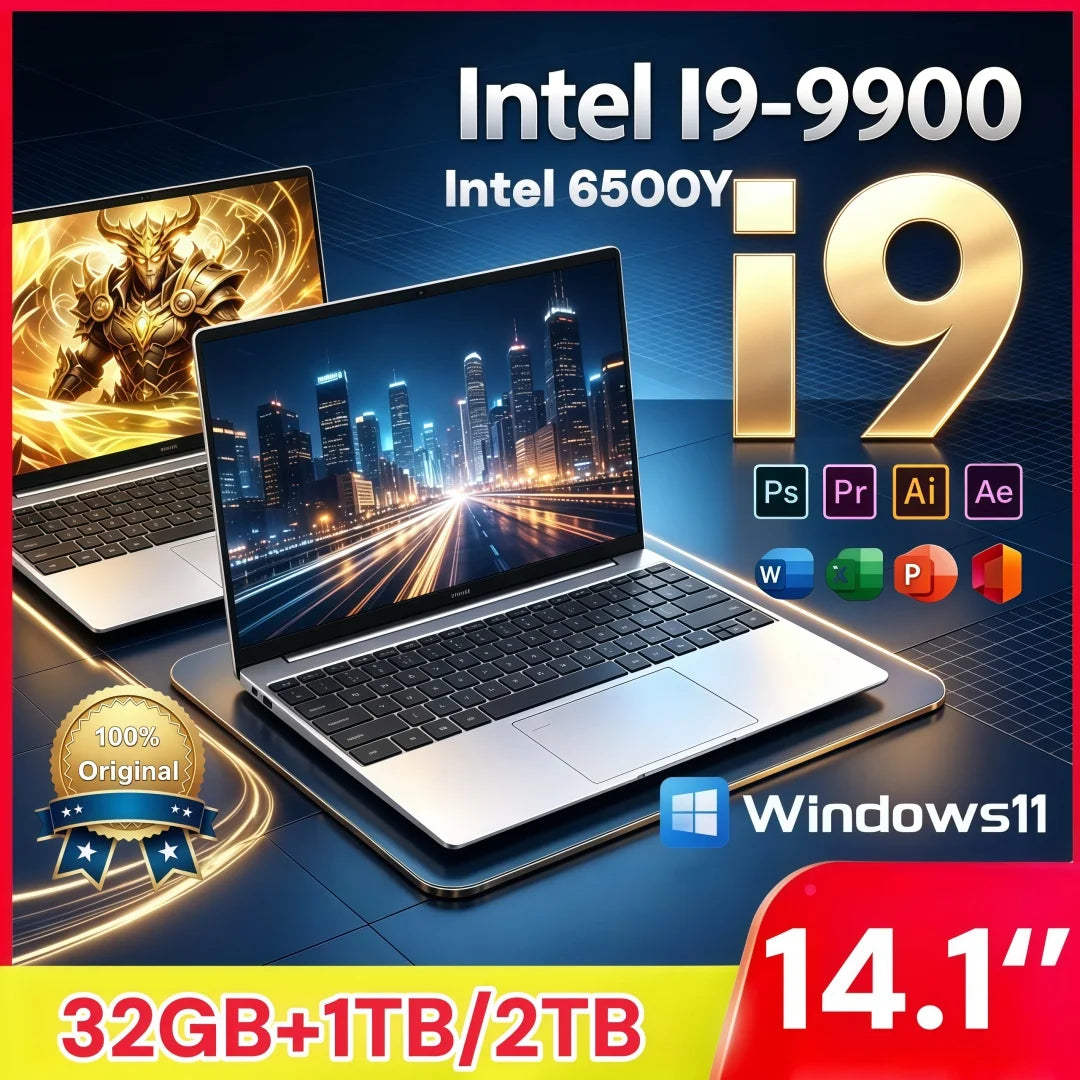 14.1 Inch Business Ultra Portable Laptop 2026 Win11 DDR4 16GB/32GB RAM 2TB SSD Slim Office Notebook PC I9-9900 Intel 6500Y